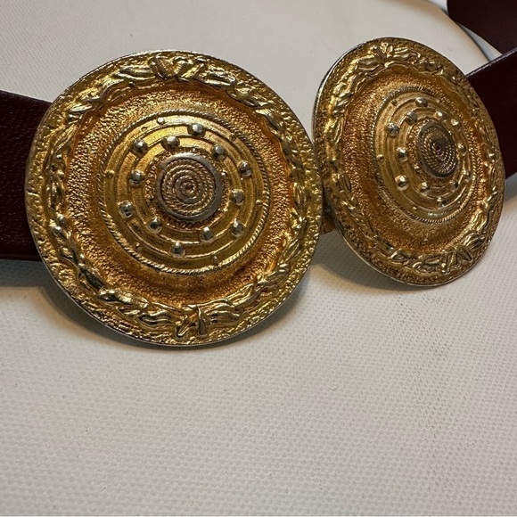 Gay Boyer Burgundy Leather Belt with Round Gold Buckles, S/M - Picture 3 of 10